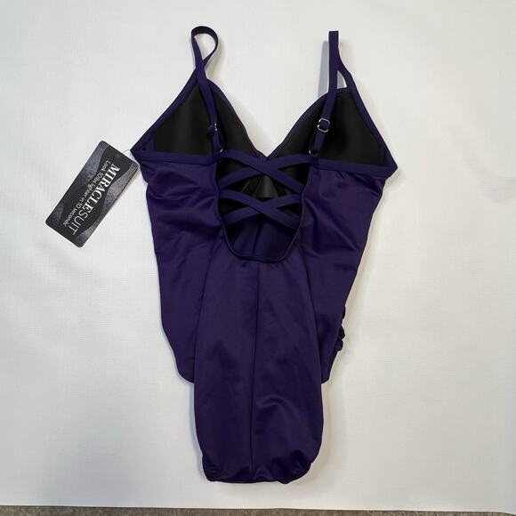 Miraclesuit Rock Solid Captivate One Piece Swimsuit Size 12 Purple Criss Cross - Picture 13 of 16